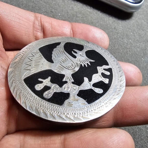 Vintage RAG Signed Mexico Sterling Silver 925 Aguila Real On Cactus Round Brooch - Picture 2 of 10